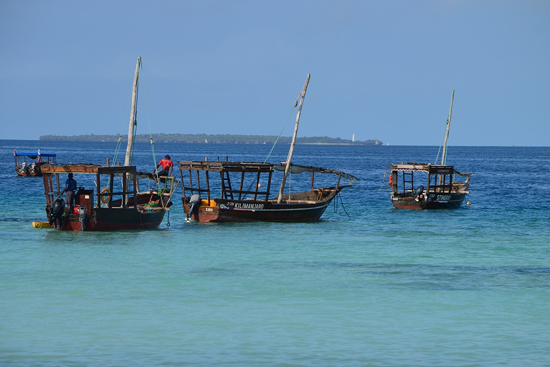 Fishing boats moored off the coast of Zanzibar