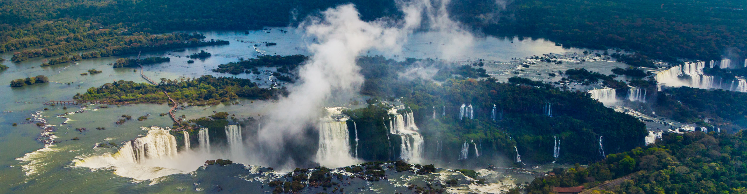 Aerial view of Iguazu Falls, with mist in the air in the Iguazu National Park, Paraguay