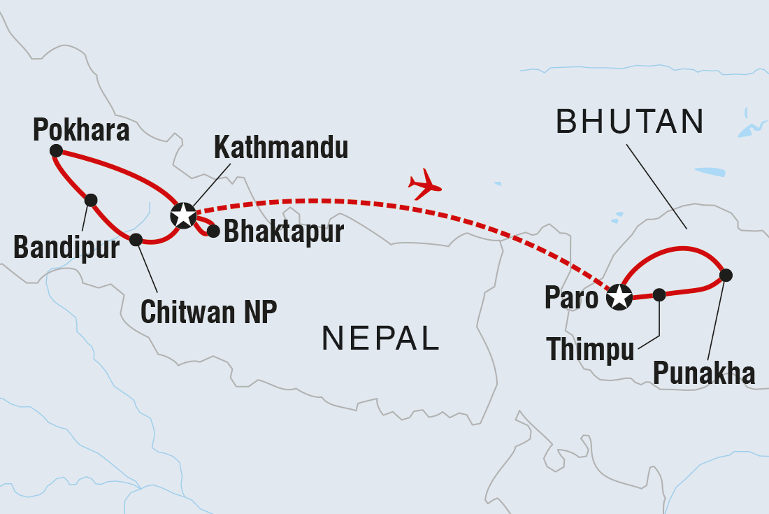 Map of Nepal & Bhutan Journey including Bhutan and Nepal