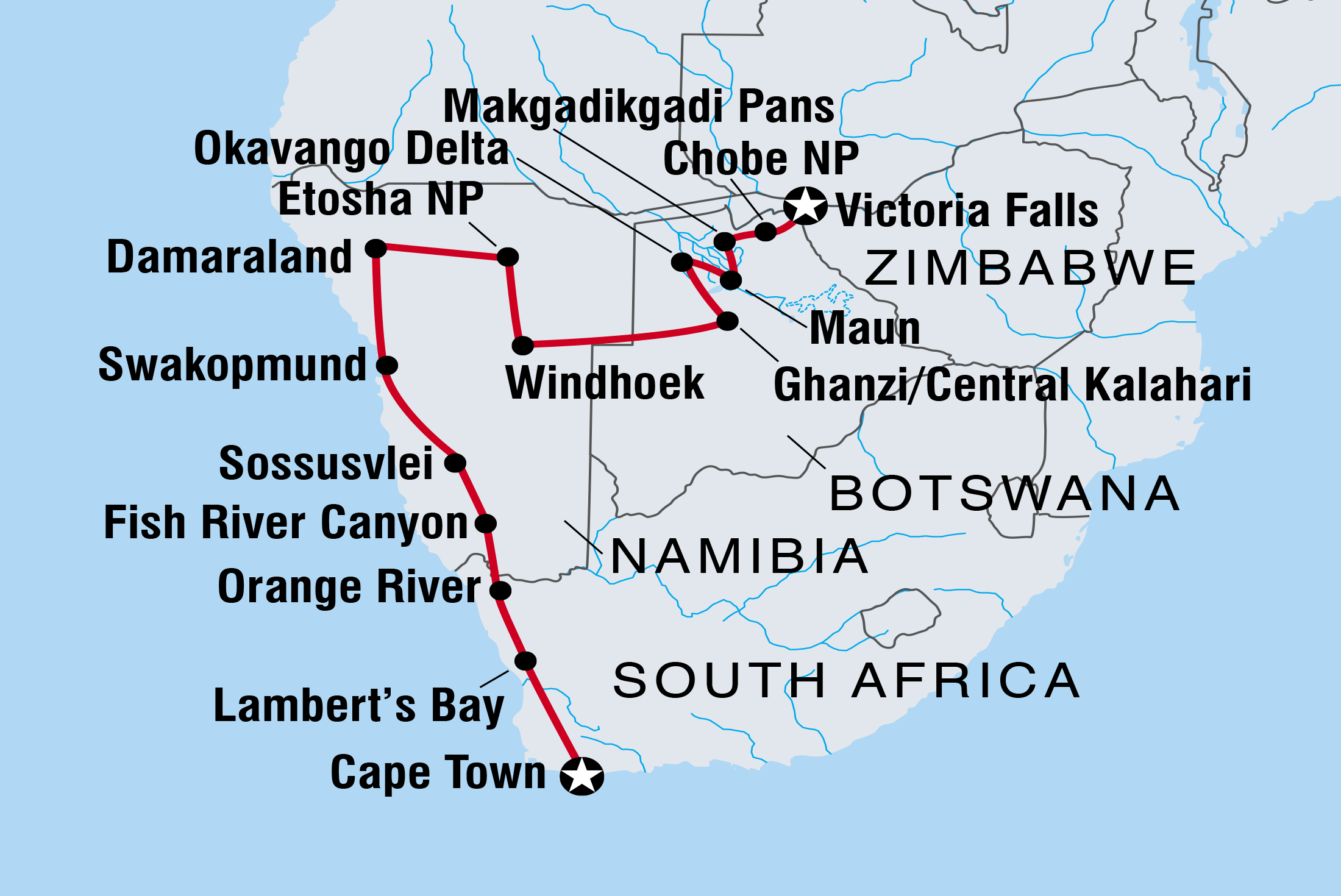 Map of Amazing Southern Africa including Botswana, Namibia, South Africa and Zimbabwe