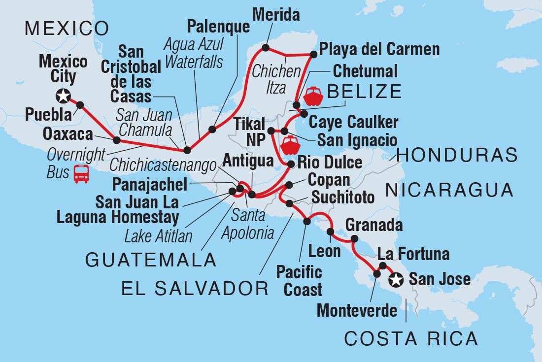 Map of Central America Explorer including Belize, Costa Rica, El Salvador, Guatemala, Honduras, Mexico and Nicaragua