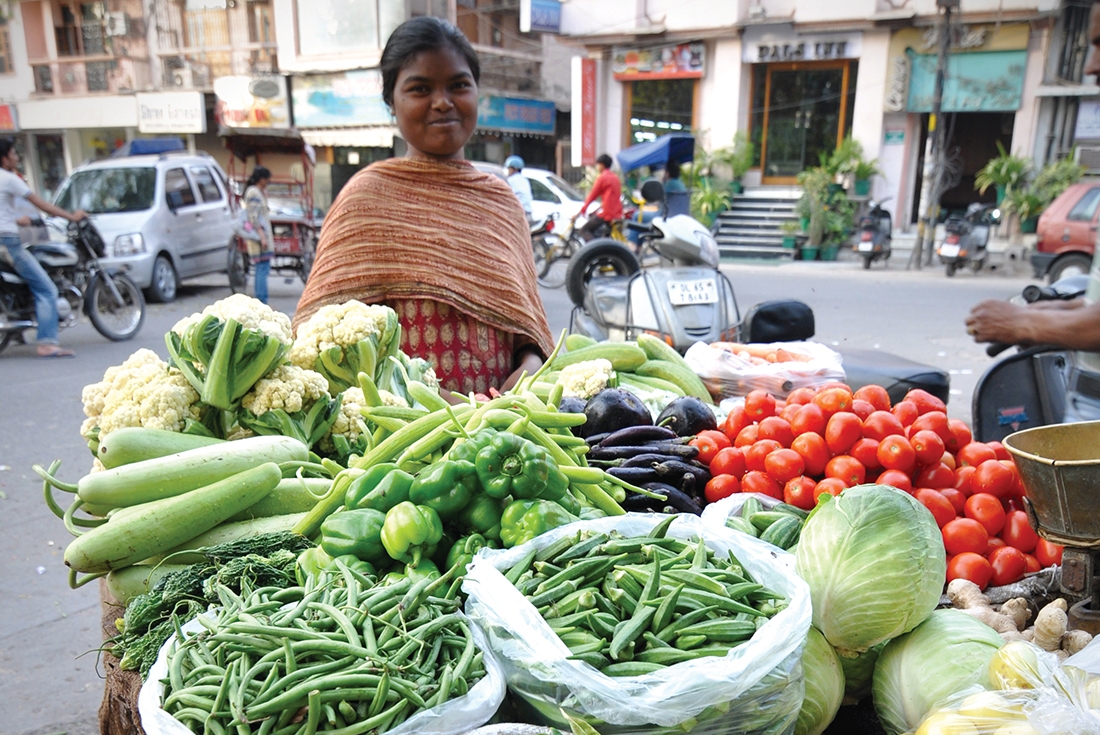 Street vendor selling local vegetables in Delhi, India