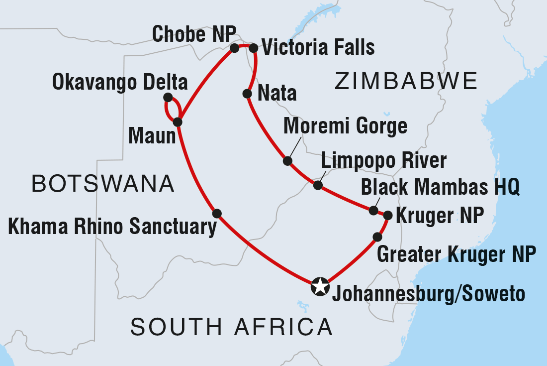 Map of Experience Southern Africa including Botswana, South Africa and Zimbabwe