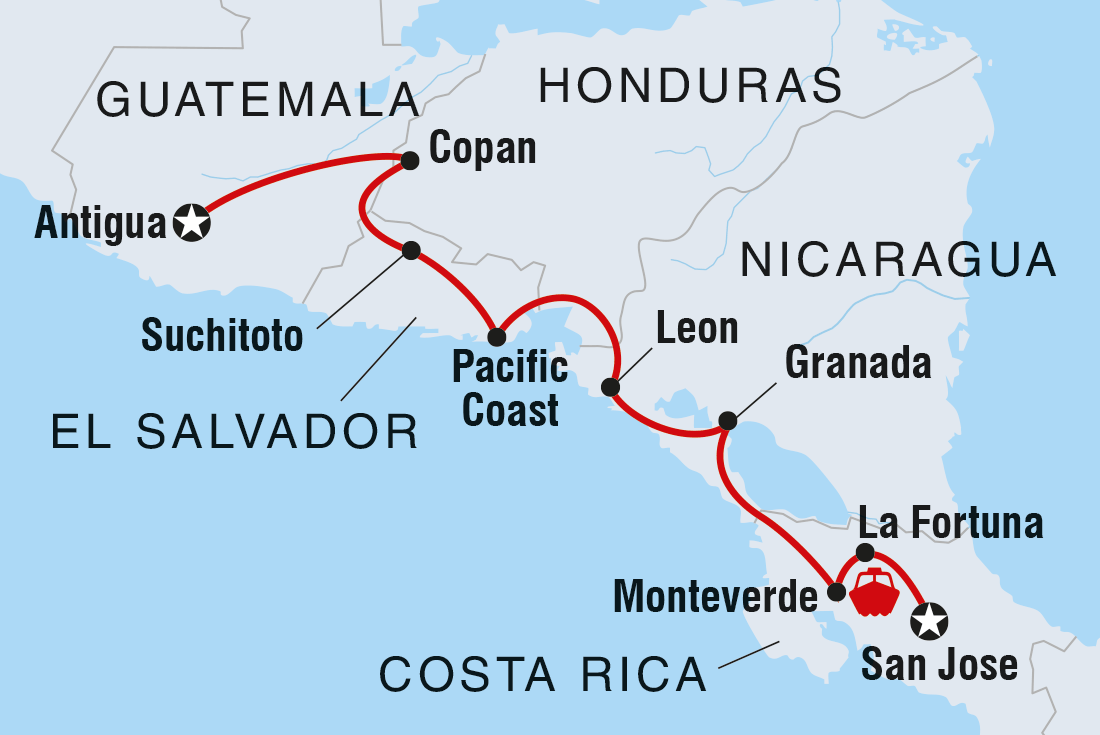 Map of Central American Journey including Costa Rica, El Salvador, Guatemala, Honduras and Nicaragua