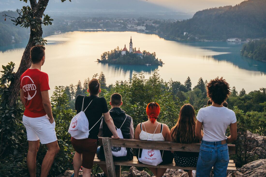 Intrepid watches the sunset over Lake Bled in Slovenia