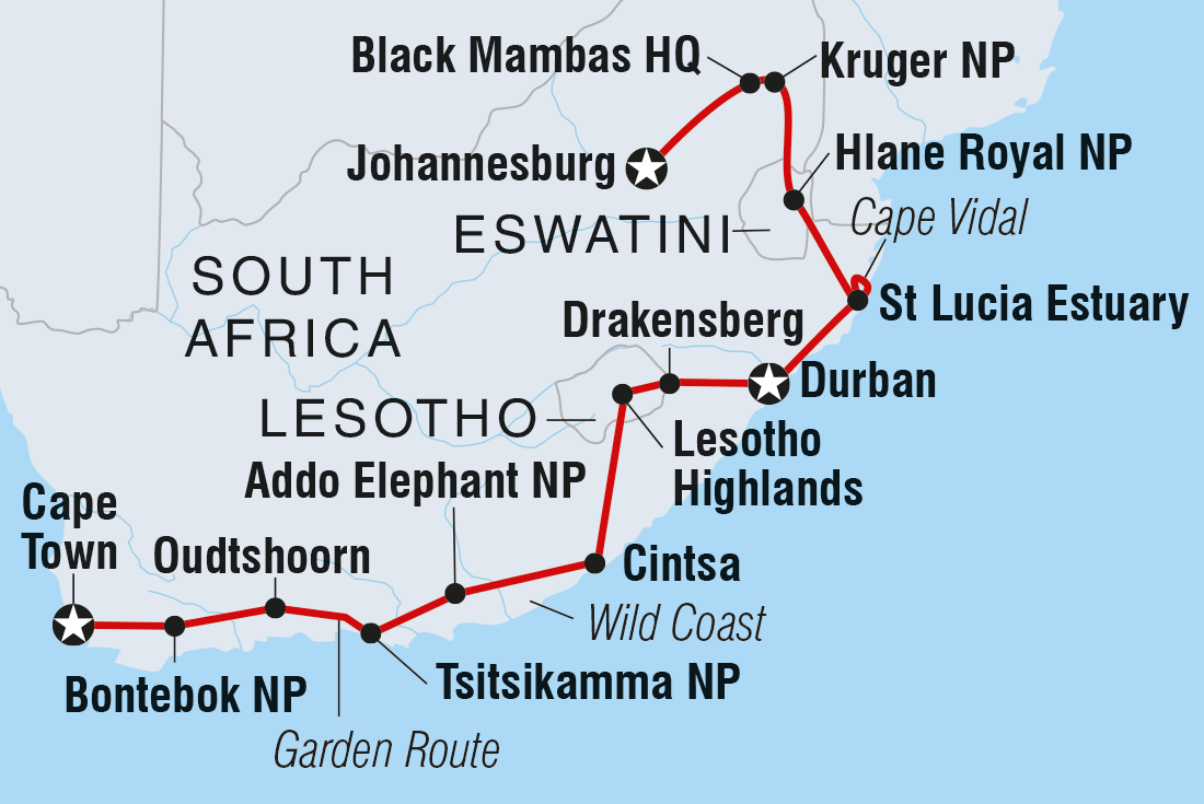 Map of Kruger, Coast & Cape including Lesotho, South Africa and Swaziland