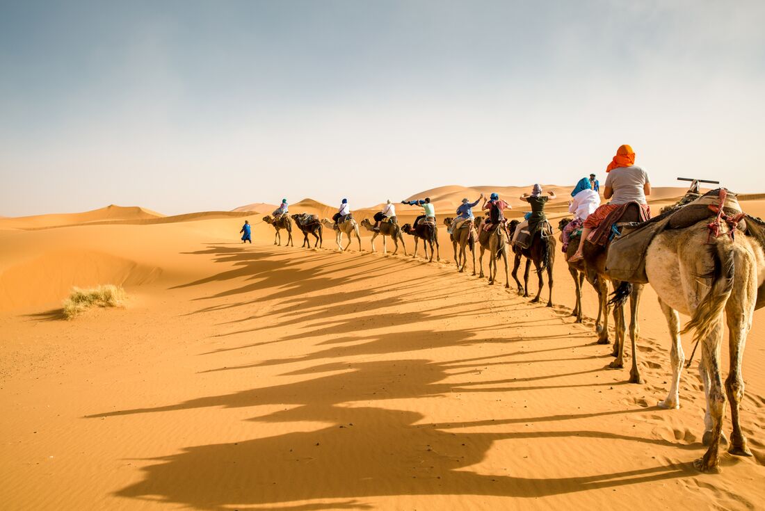 Travellers ride camels into the Sahara desert in southeastern Morocco