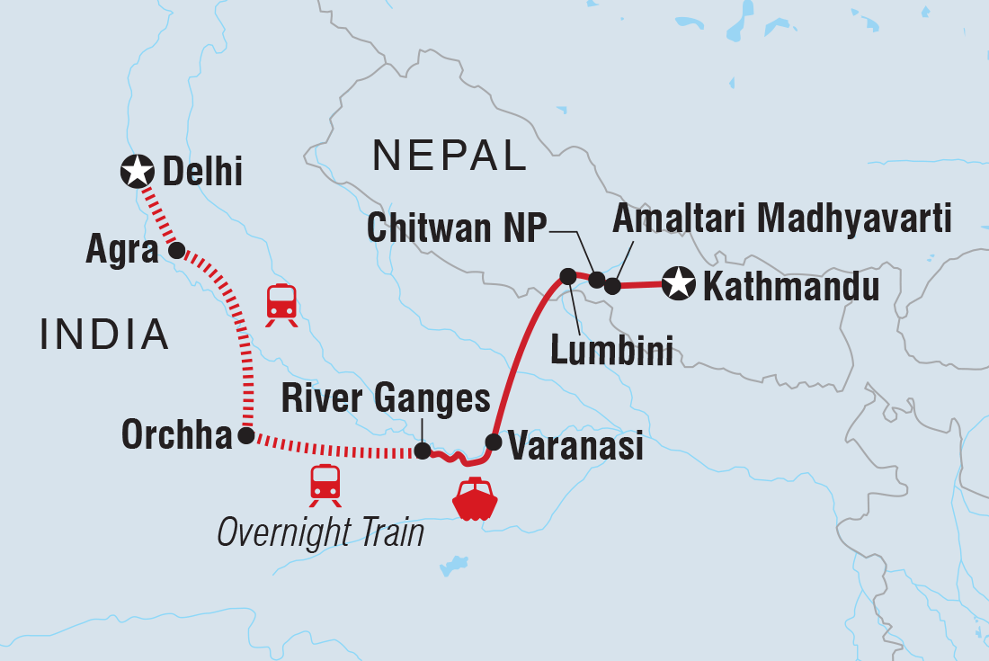 Map of Delhi To Kathmandu including India and Nepal