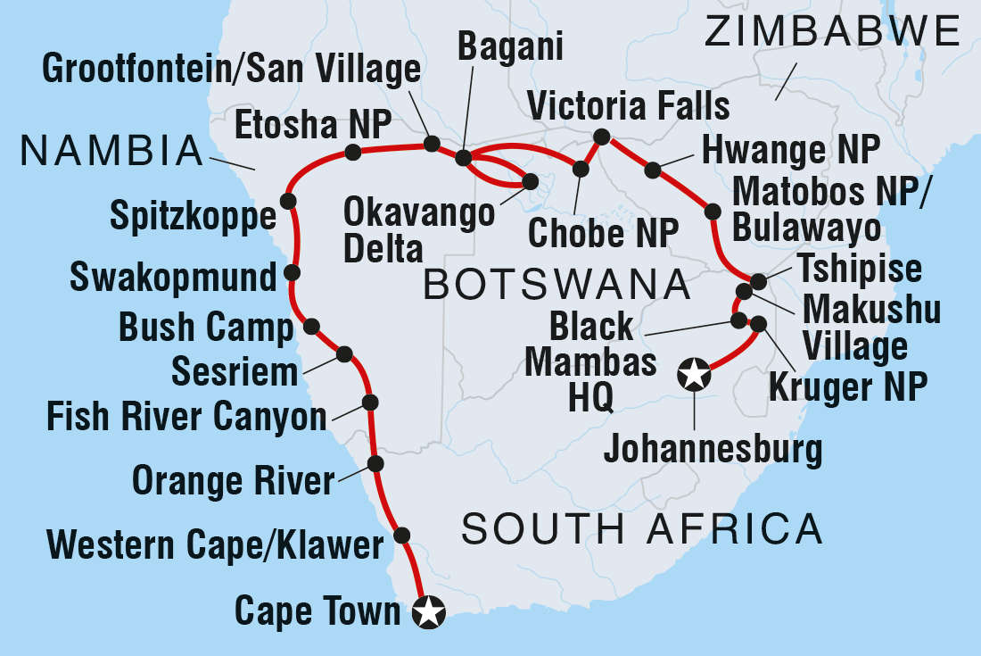 Map of Southern Africa Adventure including Botswana, Namibia, South Africa and Zimbabwe
