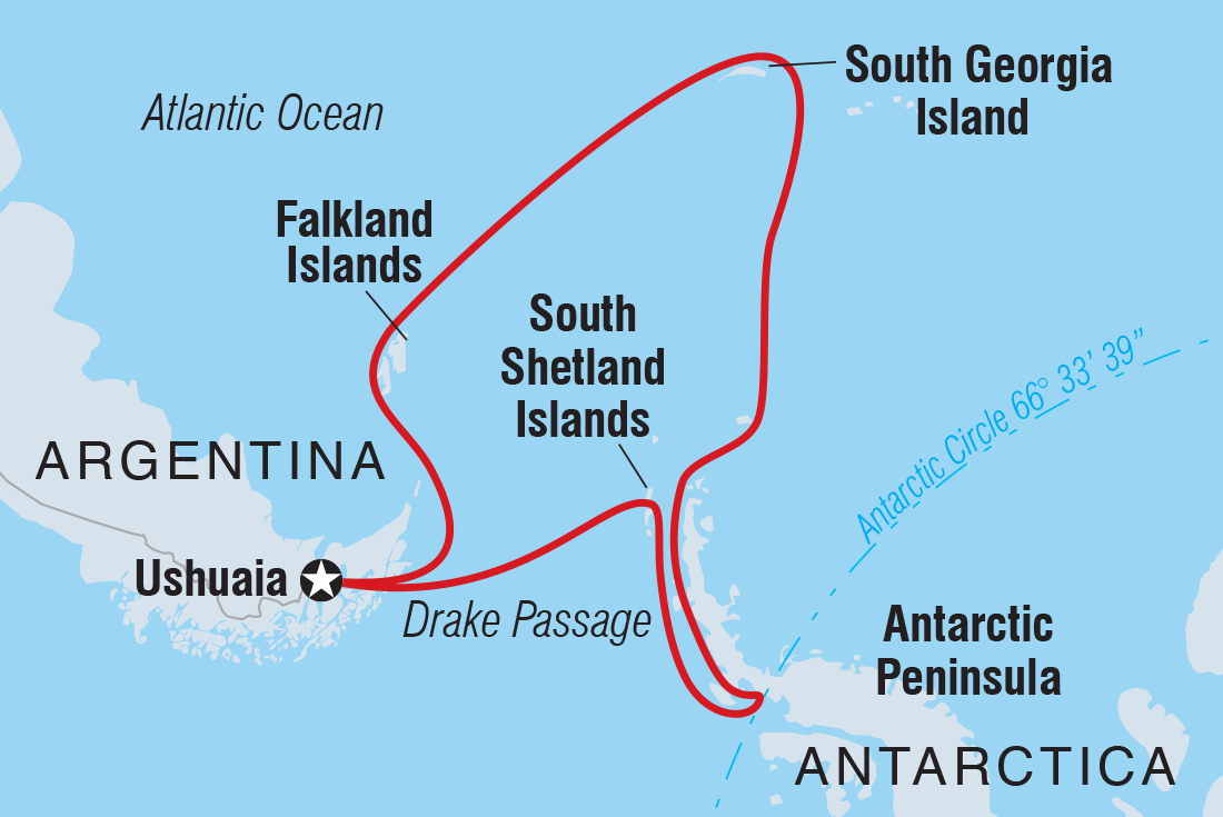 Map of Ultimate Antarctica: Falklands, South Georgia & The Antarctic Circle (Ocean Endeavour) including Antarctica, Argentina and Falkland Islands (Malvinas)