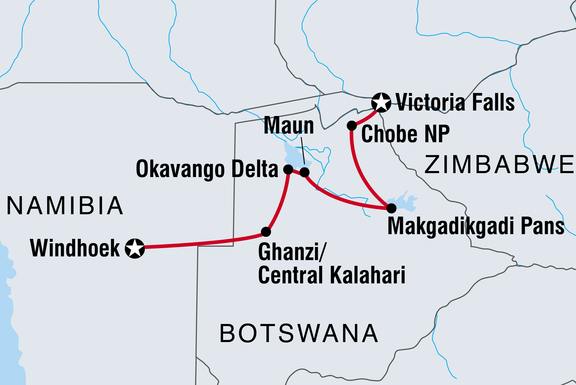 Map of Botswana Adventure including Botswana, Namibia and Zimbabwe