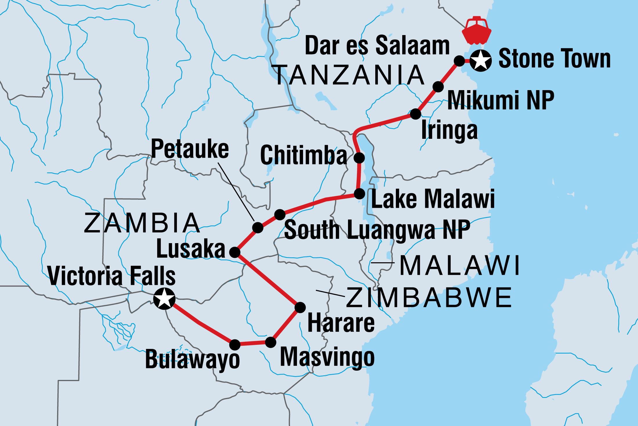 Map of Vic Falls To Stone Town including Malawi, Tanzania, United Republic Of, Zambia and Zimbabwe