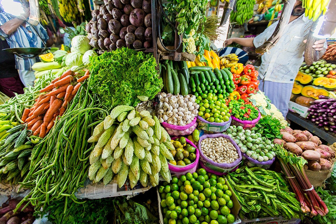 A variety of local vegetables in a market in Sri Lanka