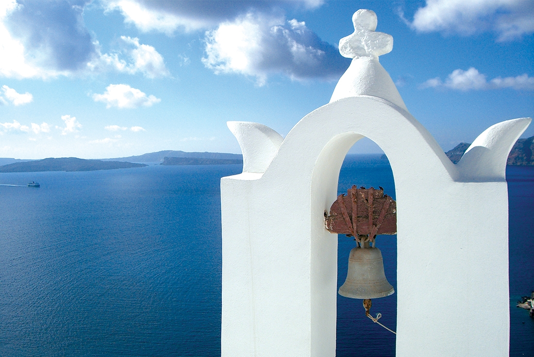 greece santorini oia white bell tower village seaside blue sky