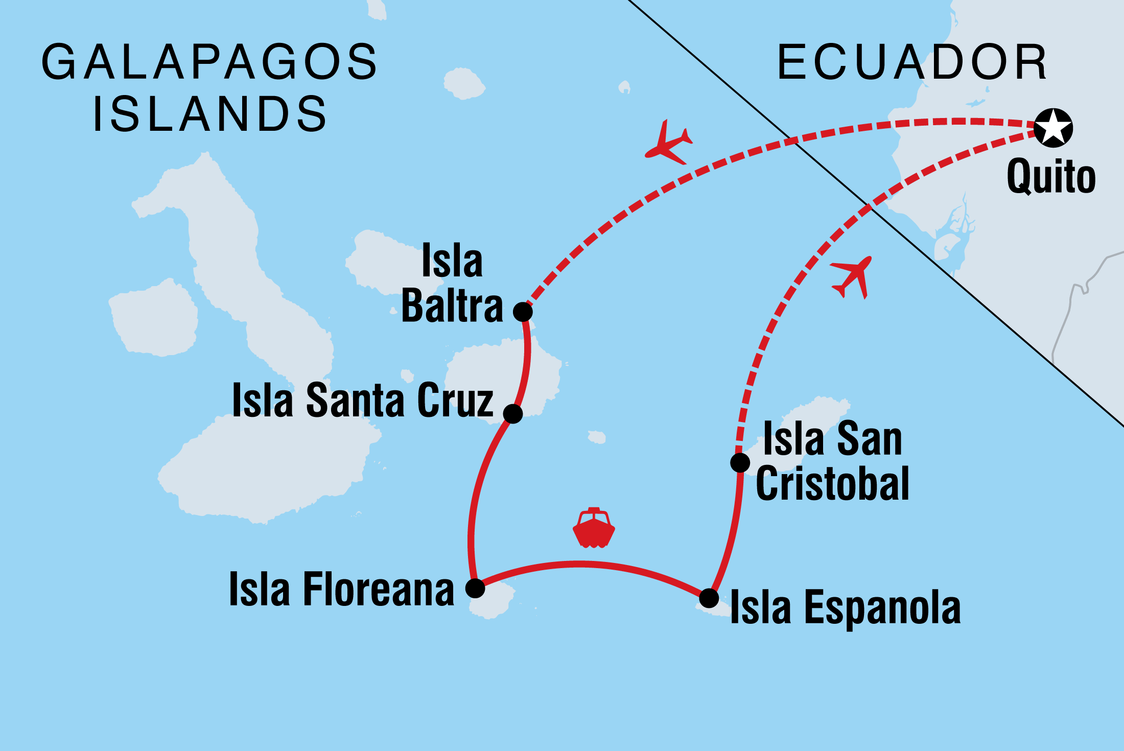 Map of Galapagos At A Glance: Southern Islands (Grand Daphne) including Ecuador