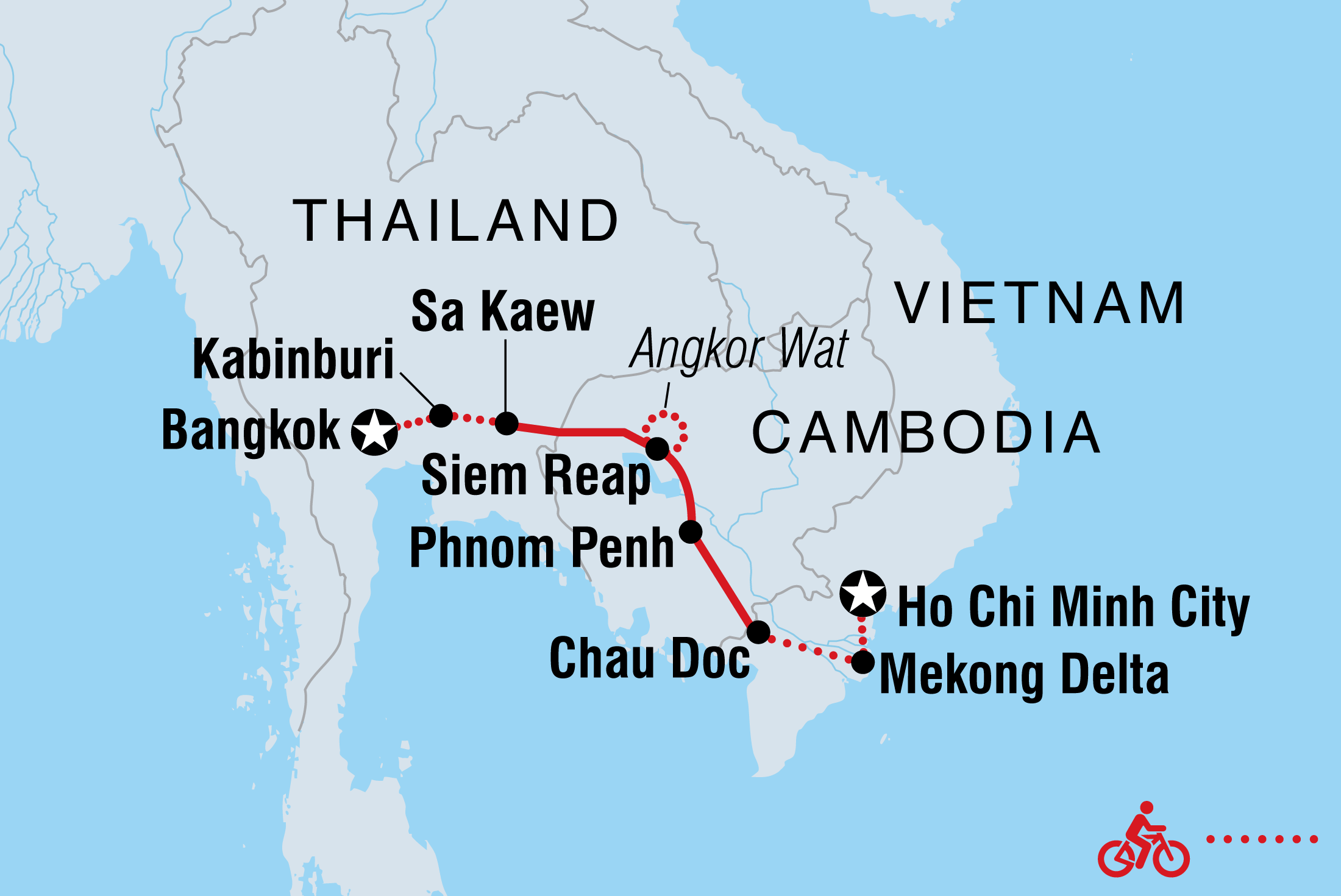 Map of Cycle Vietnam, Cambodia & Thailand including Cambodia, Thailand and Vietnam