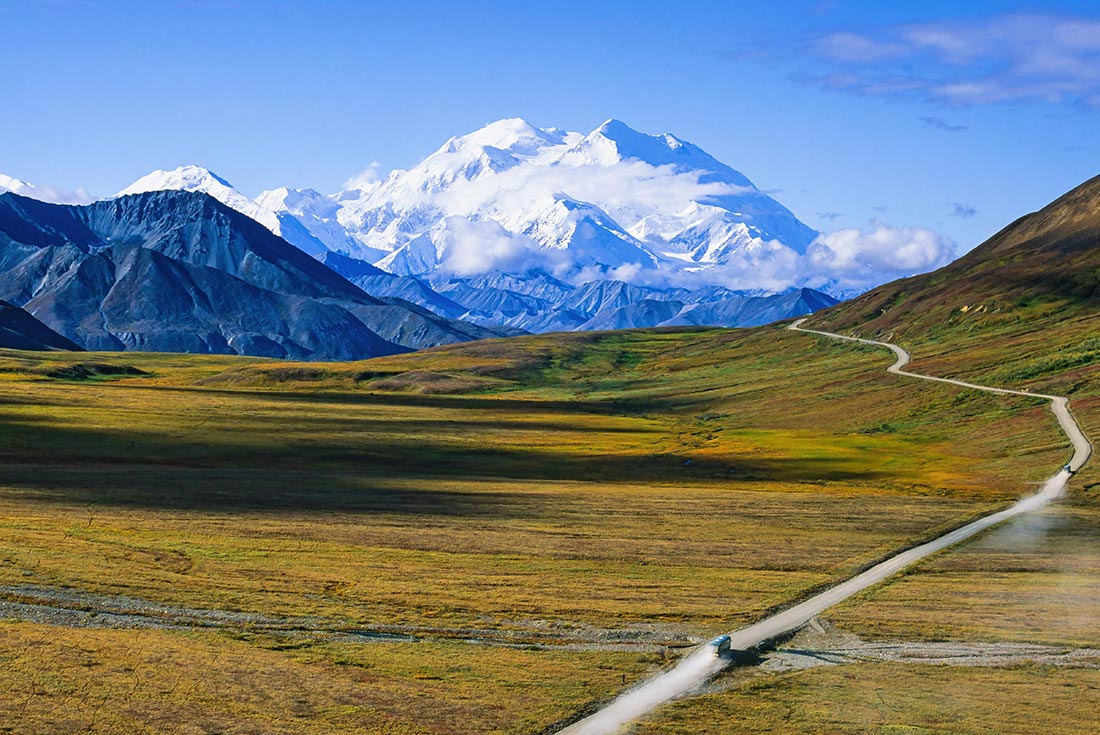 Aerial view of road leading up to Denali National Park, Alaska, U.S.A.