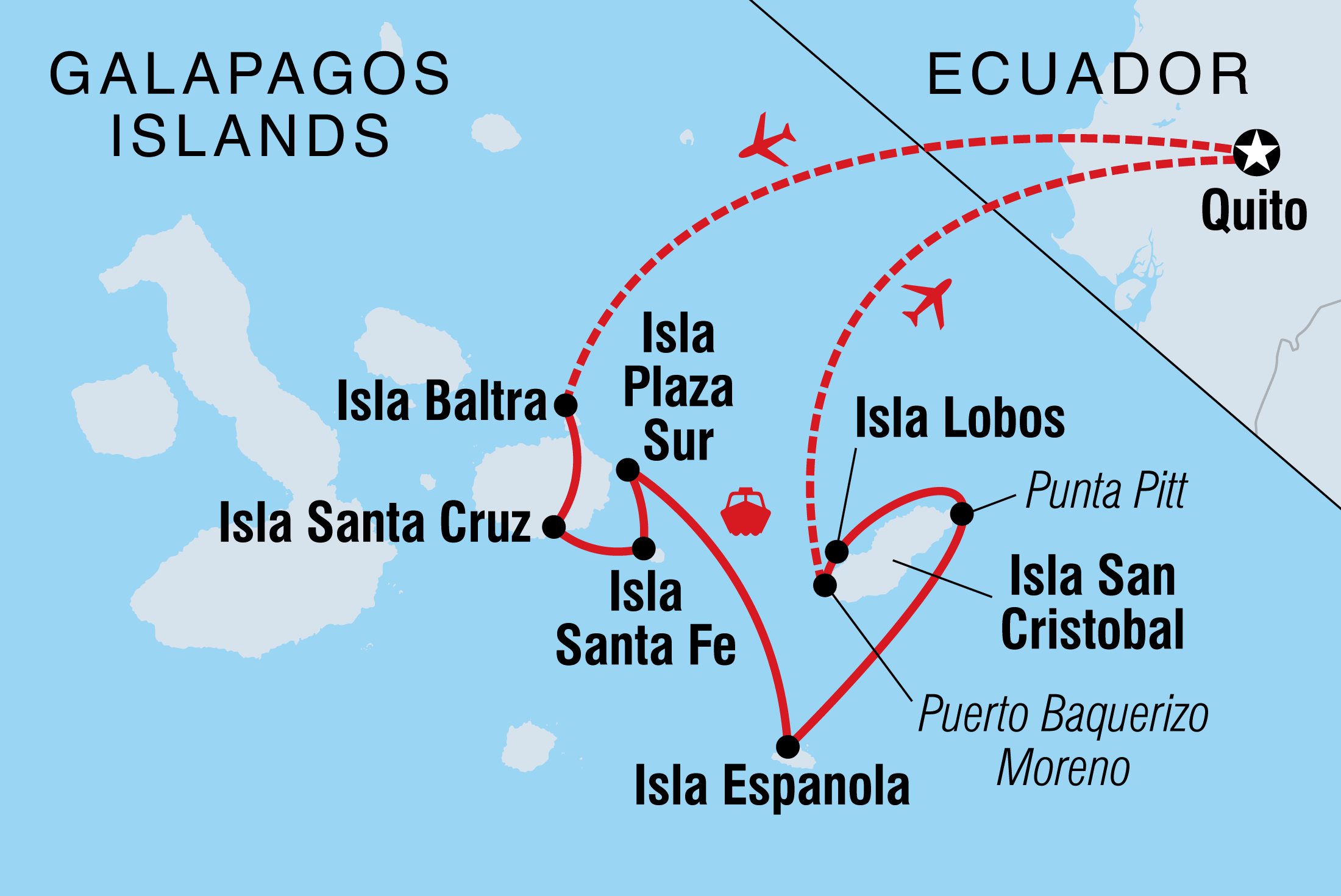 Map of Galapagos Explorer: Southern Islands (Grand Queen Beatriz) including Ecuador