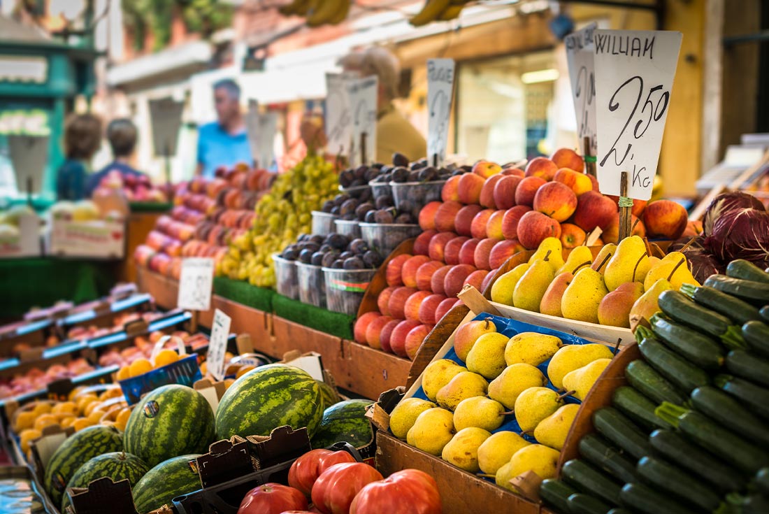 Fruit stands at a fruit and produce market in Croatia