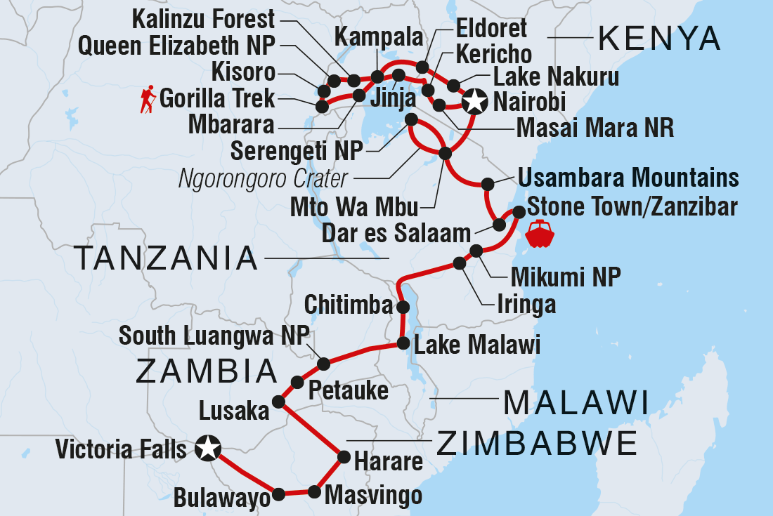 Map of Gorillas To Vic Falls including Kenya, Malawi, Tanzania, United Republic Of, Uganda, Zambia and Zimbabwe