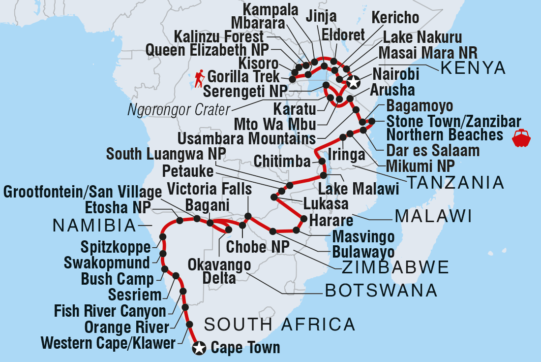 Map of Africa Encompassed Northbound including Botswana, Kenya, Malawi, Namibia, South Africa, Tanzania, United Republic Of, Uganda, Zambia and Zimbabwe