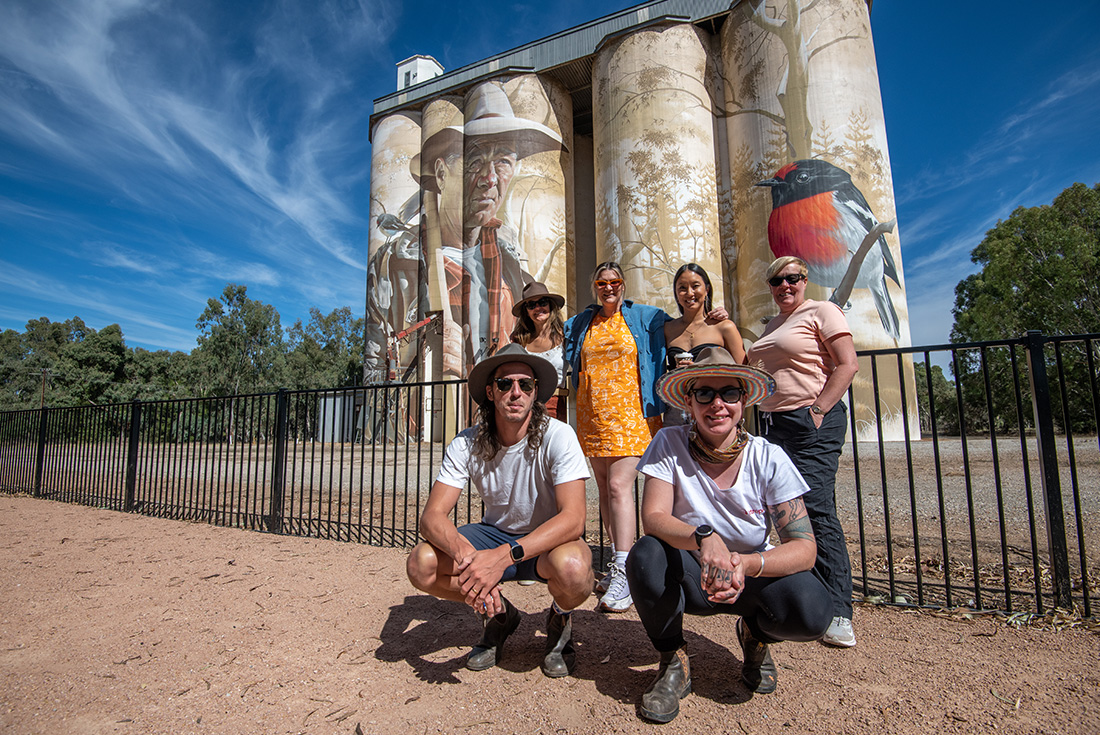 Group standing in front of silo art, South Australia