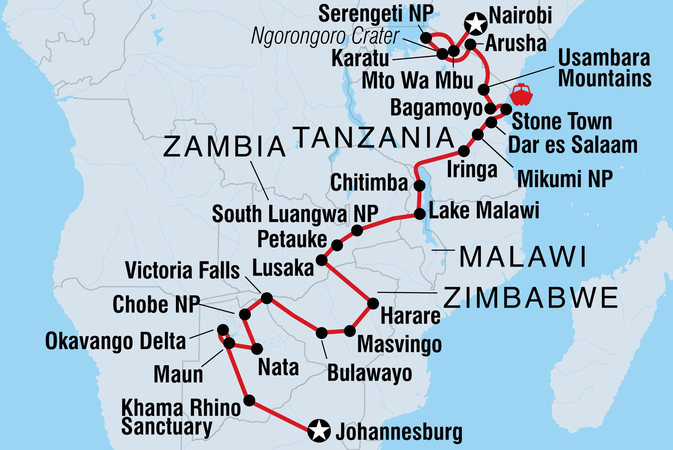 Map of Johannesburg To Kenya including Botswana, Kenya, Malawi, South Africa, Tanzania, United Republic Of, Zambia and Zimbabwe