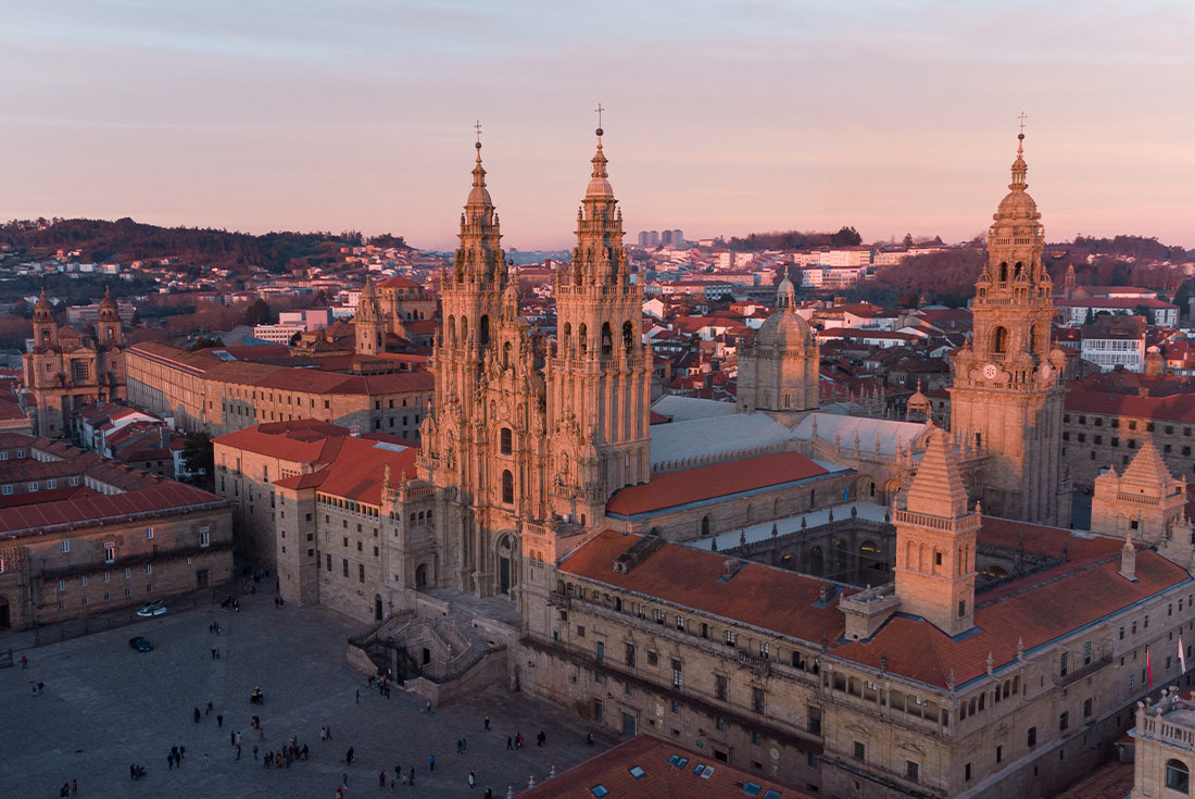Aerial view of the cathedral of Santiago de Compostela at sunset, Spain