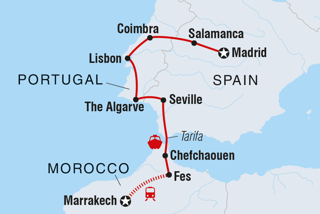 Map of Madrid To Marrakech including Morocco, Portugal and Spain