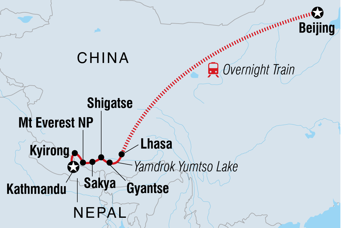 Map of Tibet: Beijing To Kathmandu Overland including China and Nepal