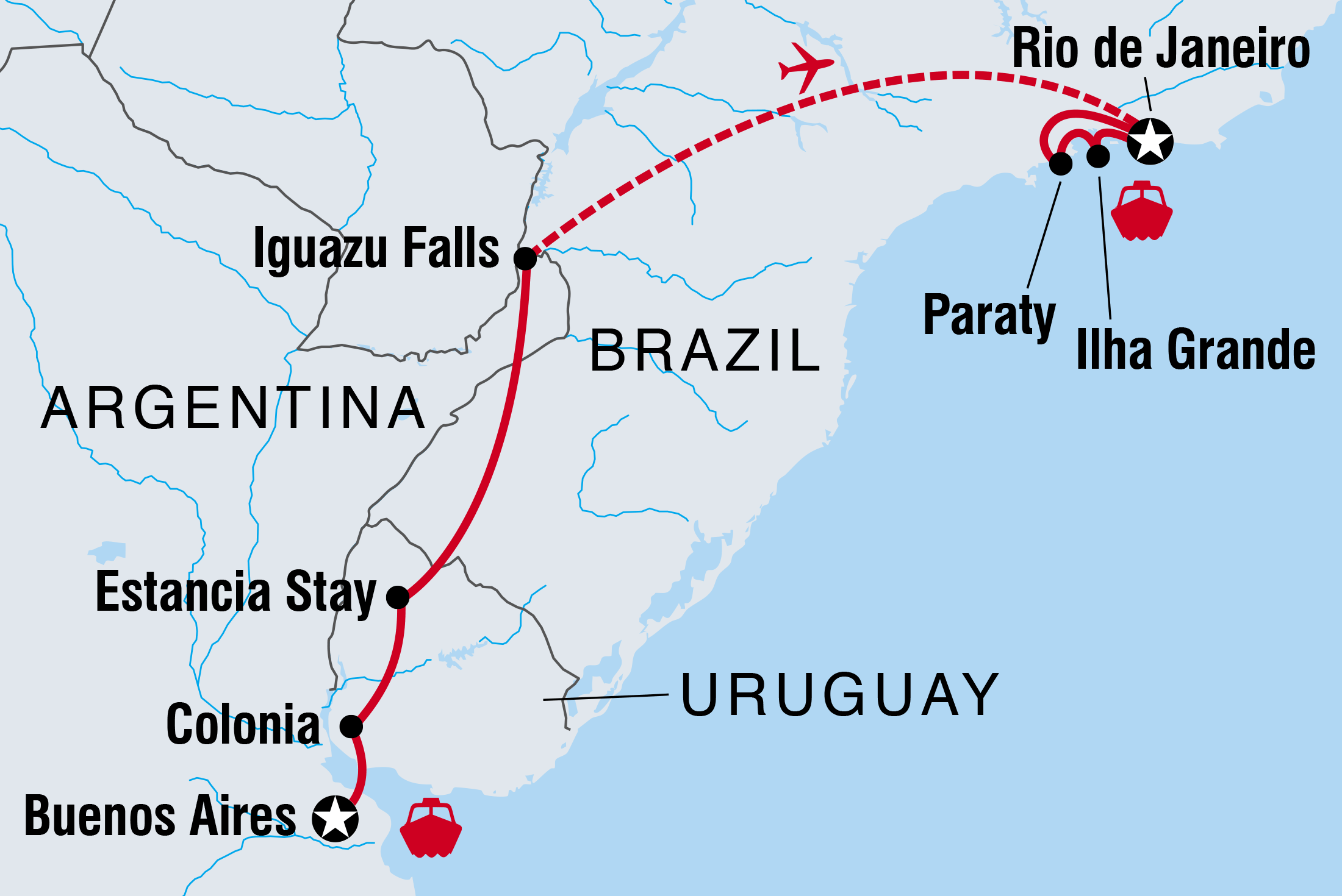 Map of Buenos Aires To Rio Explorer including Argentina, Brazil and Uruguay