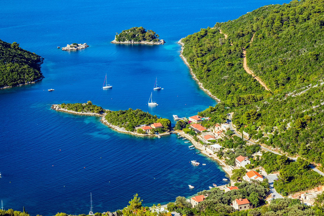 Aerial view of boats sailing around Mljet Island, Croatia