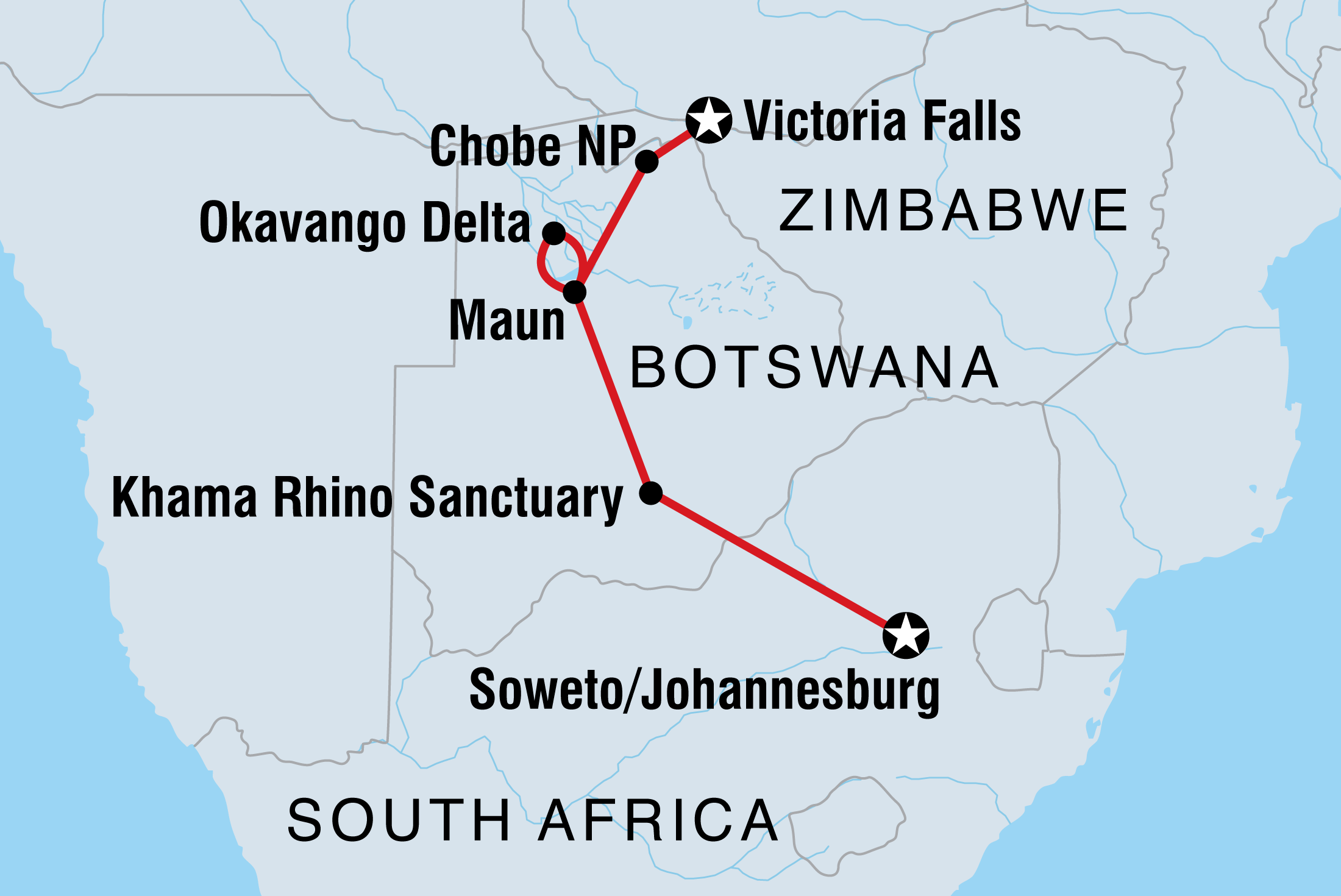 Map of Okavango & Beyond including Botswana, South Africa and Zimbabwe