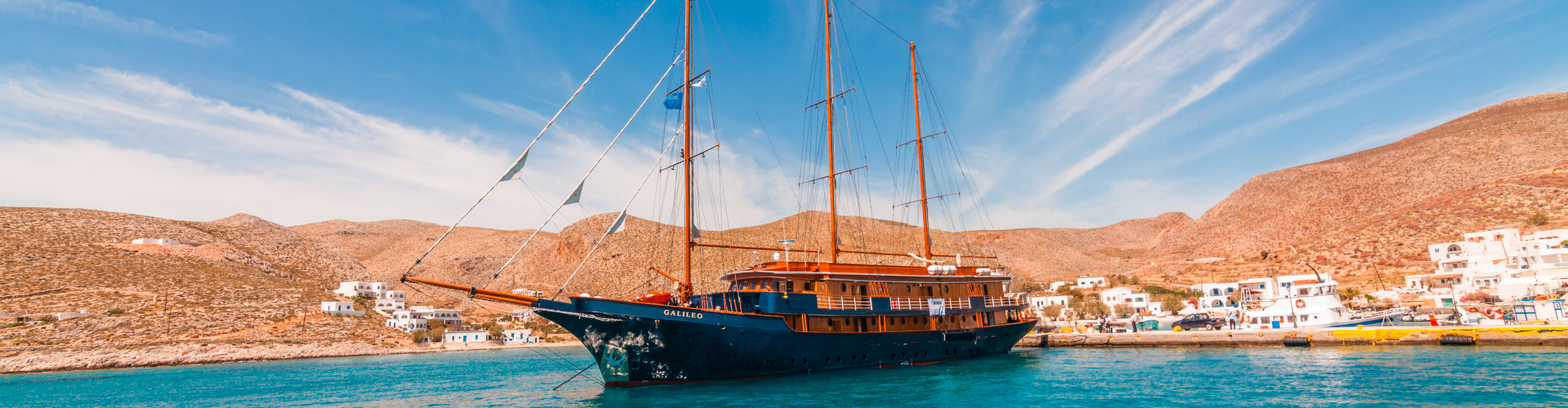 Large old style sailing boat in the harbour in Greece