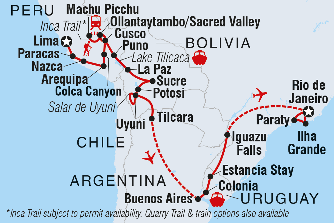 Map of Best Of South America including Argentina, Bolivia, Brazil, Peru and Uruguay
