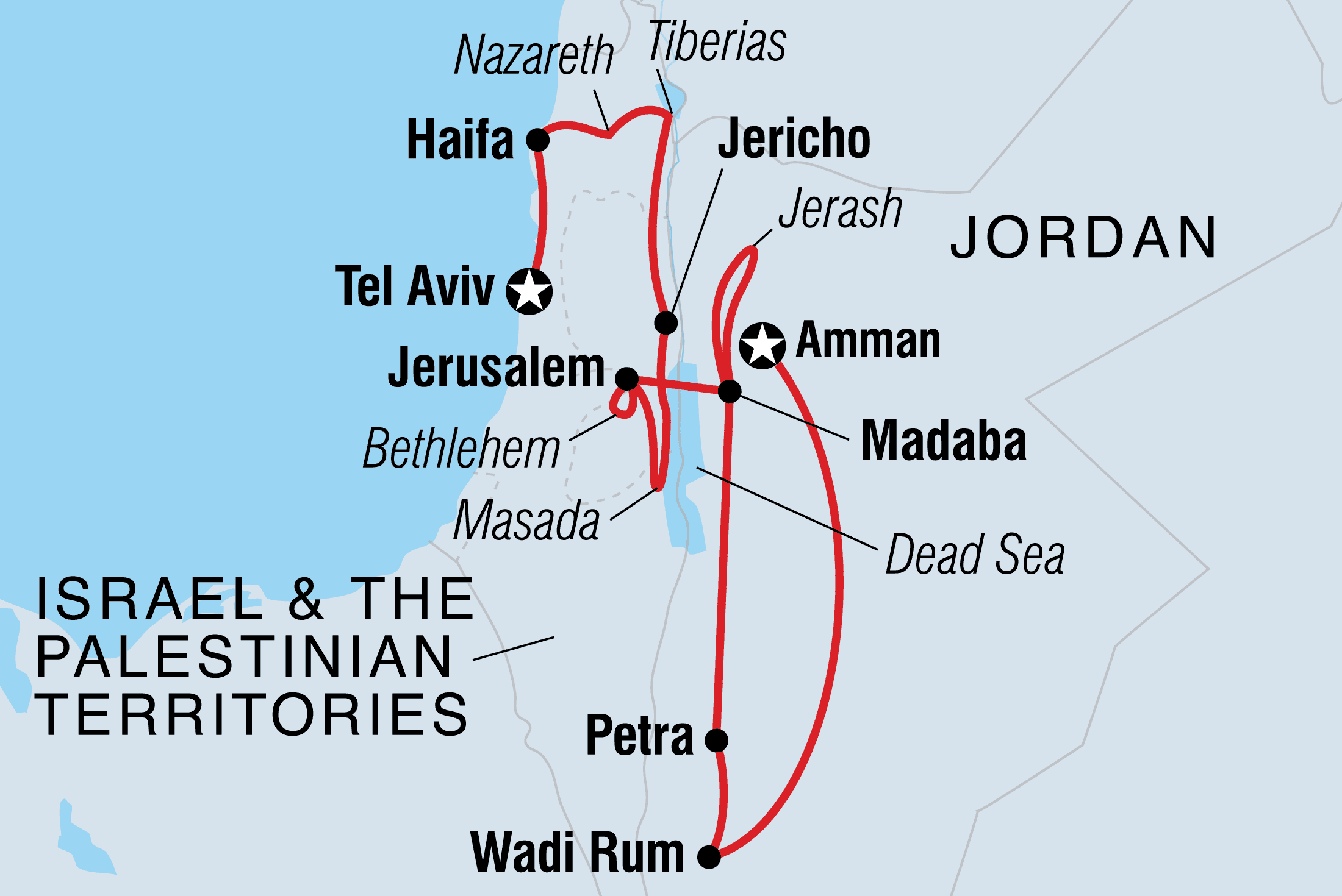 Map of Explore Jordan, Israel & The Palestinian Territories including Israel and Jordan