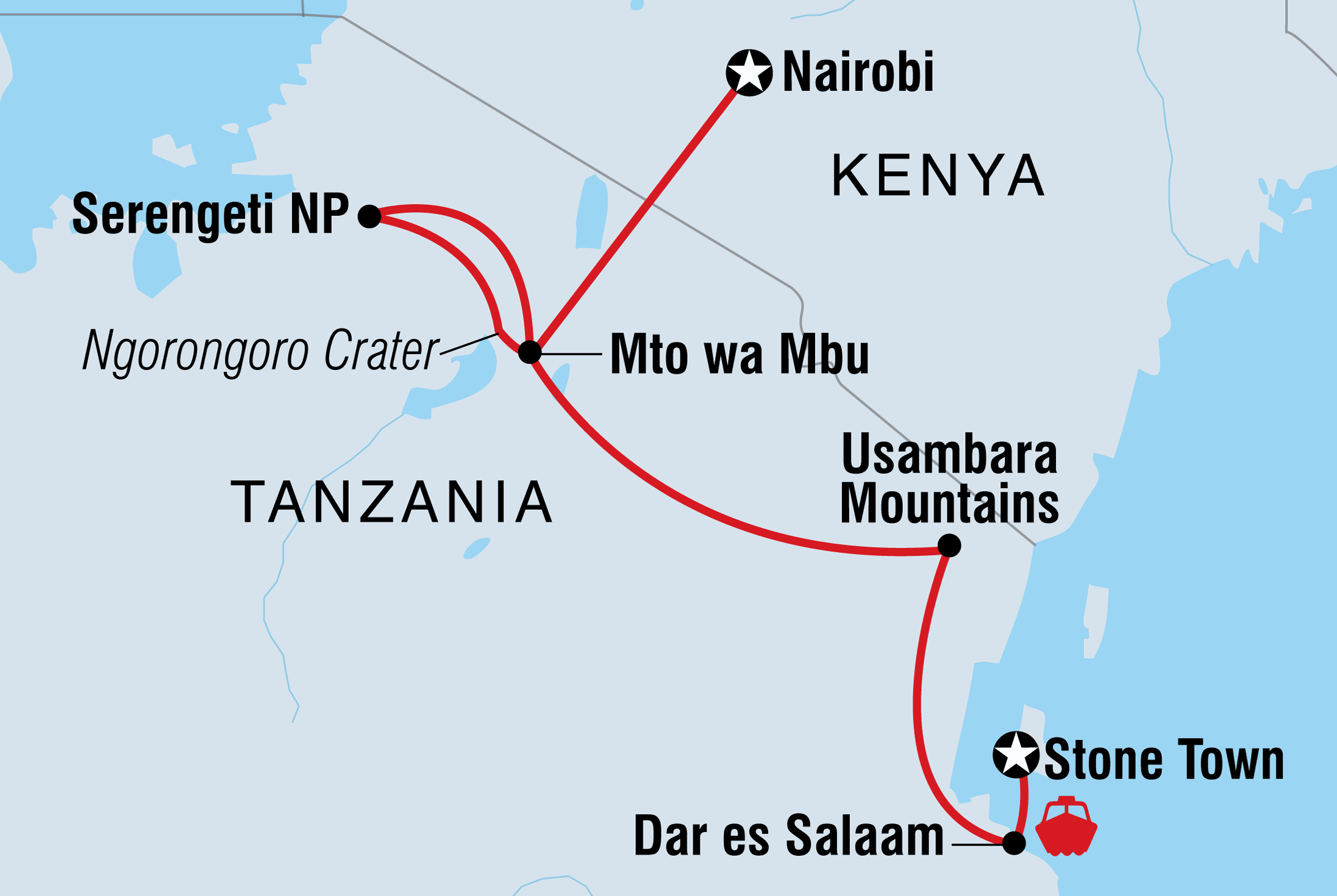 Map of Nairobi To Stone Town including Kenya and Tanzania, United Republic Of