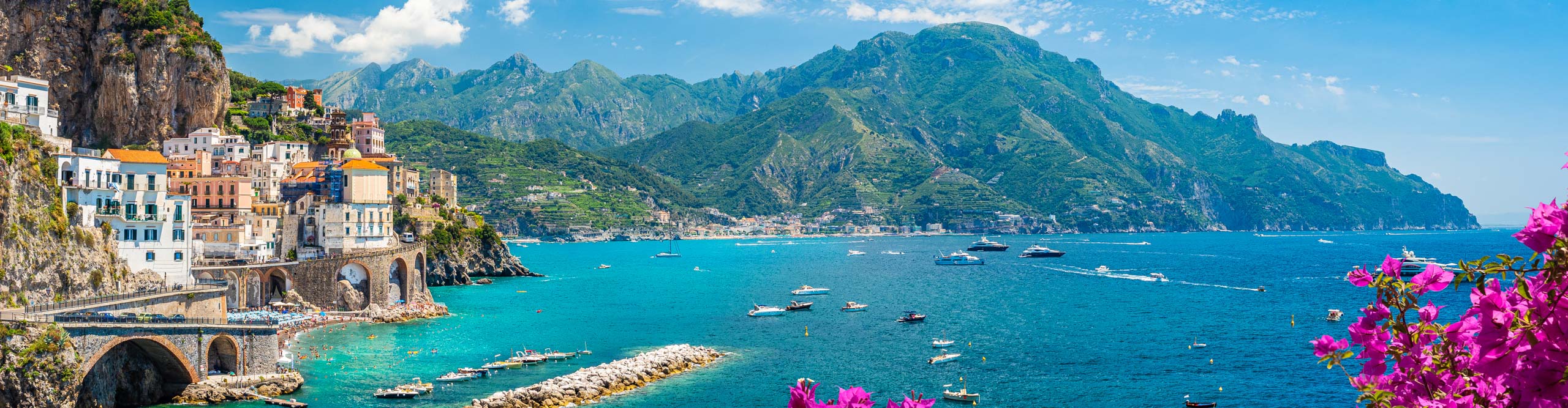 Aerial view of the mountains and harbour on the Amalfi Coast, Italy 
