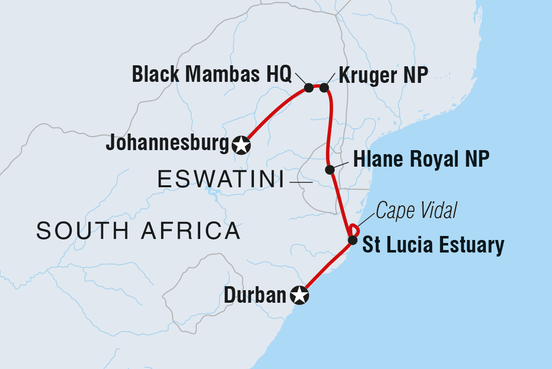 Map of Kruger & Coast including South Africa and Swaziland