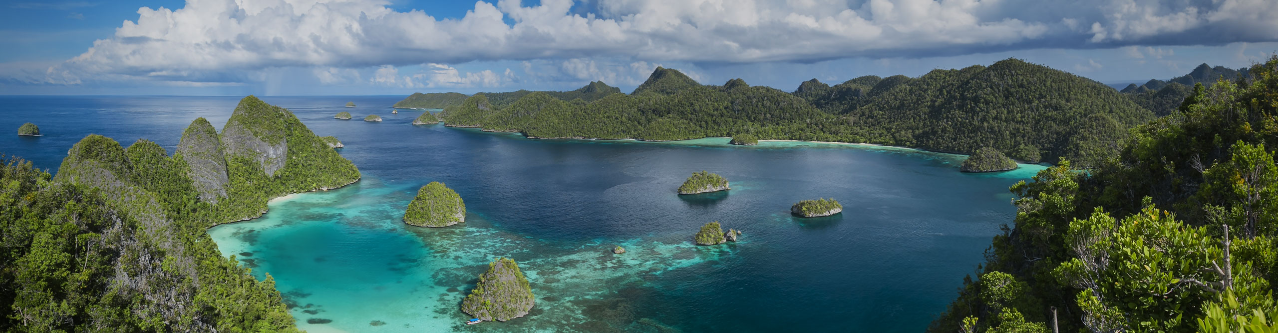 Panorama of the marine reserve Raja Ampat in Papua New Guinea,with deep blue ocean and blue sky