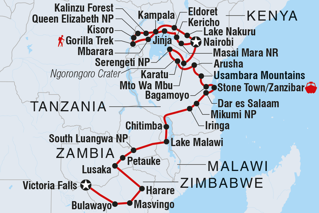 Map of Vic Falls To Gorillas including Kenya, Malawi, Tanzania, United Republic Of, Uganda, Zambia and Zimbabwe