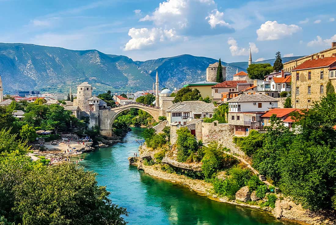 View of old town Mostar with bridge and spire, Bosnia & Herzegovina