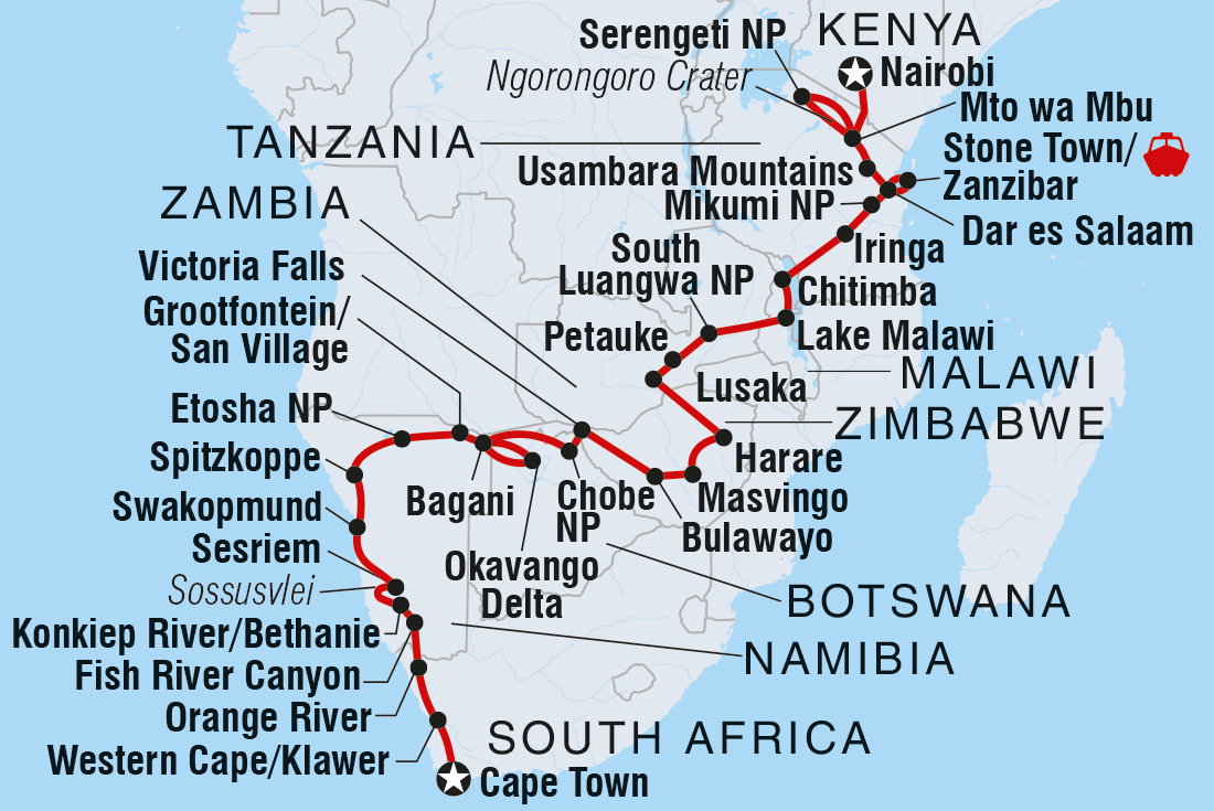 Map of Kenya To Cape Town including Botswana, Kenya, Malawi, Namibia, South Africa, Tanzania, United Republic Of, Zambia and Zimbabwe