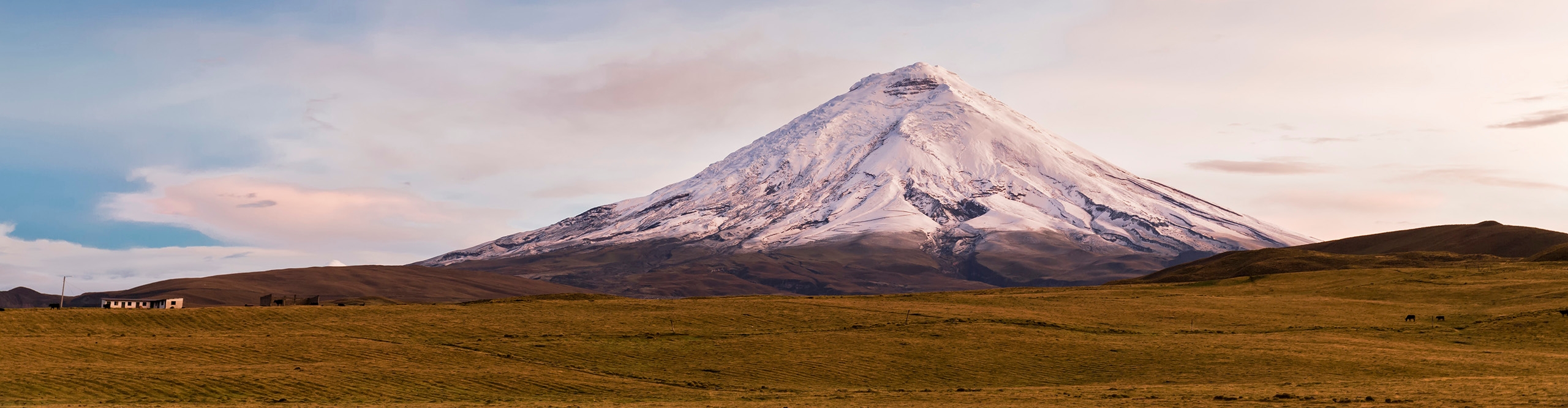 Cotopaxi Volcano at dusk, with snow on top, on a clear day, near the city of Quito, Ecuador 