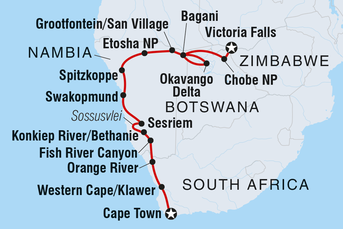 Map of Vic Falls To Cape Town including Botswana, Namibia, South Africa and Zimbabwe