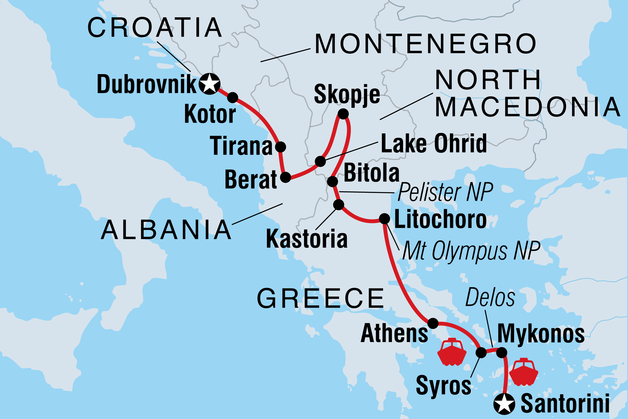 Map of Dubrovnik To Santorini including Albania, Croatia, Greece, Macedonia, Republic Of and Montenegro