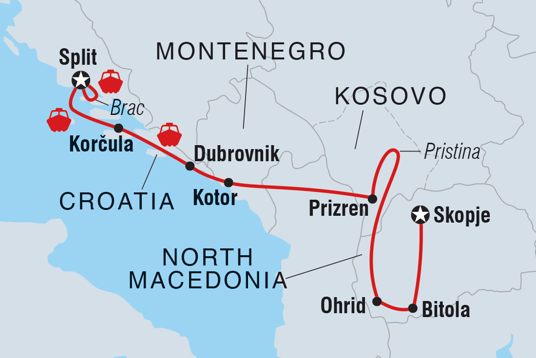 Map of Split To Skopje Real Food Adventure including Croatia, Macedonia, Republic Of, Montenegro and Kosovo