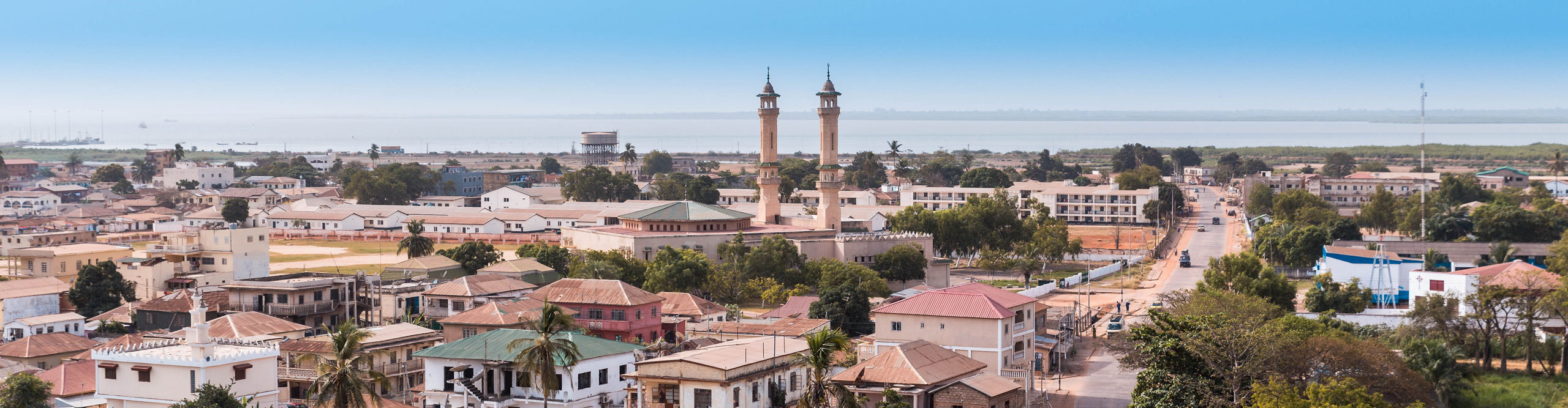 Aerial view of the city of Banjul in Gambia, with ocean in the background 