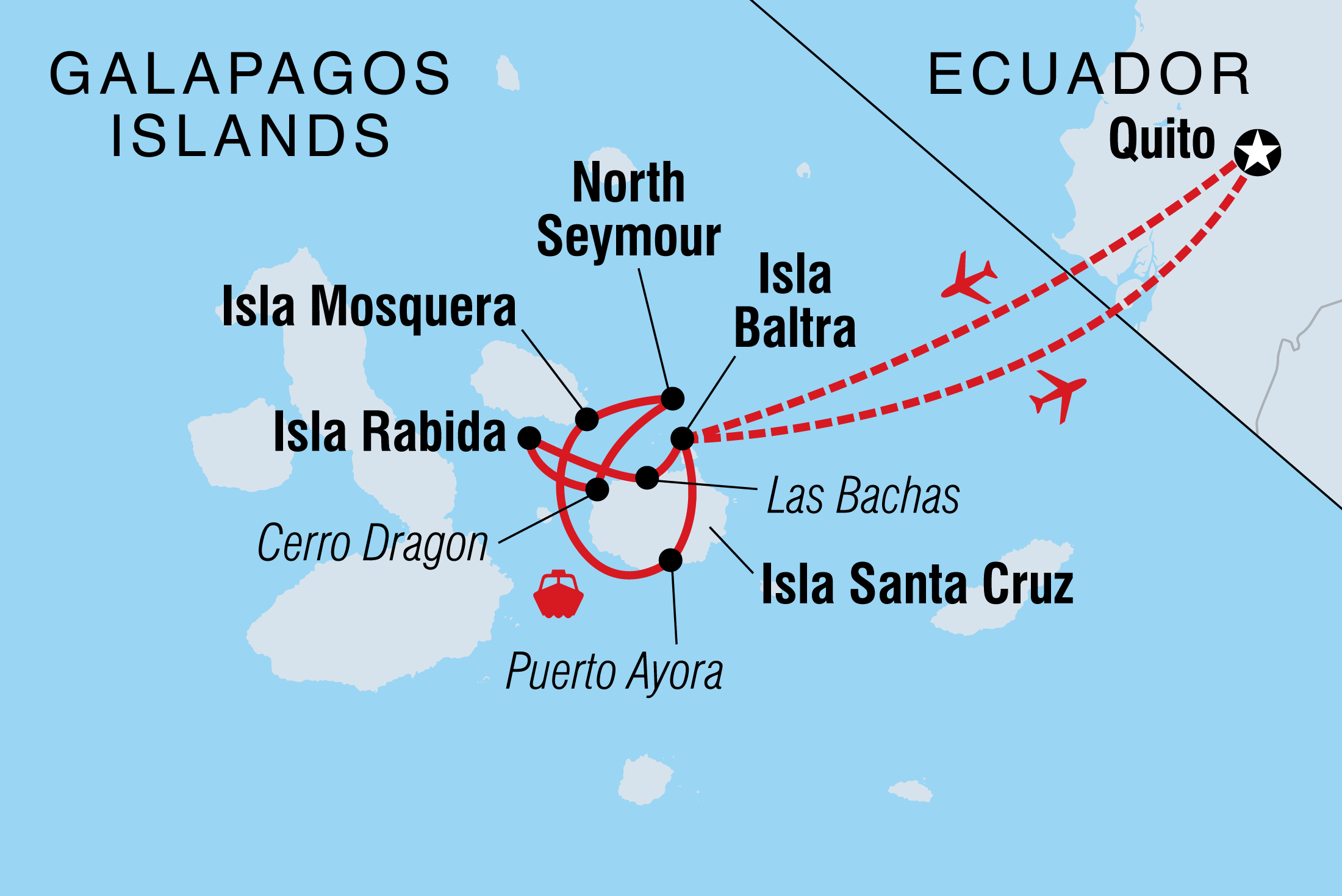 Map of Galapagos Explorer: Central Islands (Grand Queen Beatriz) including Ecuador