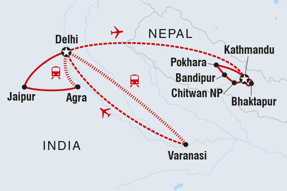 Map of India & Nepal Adventure including India and Nepal